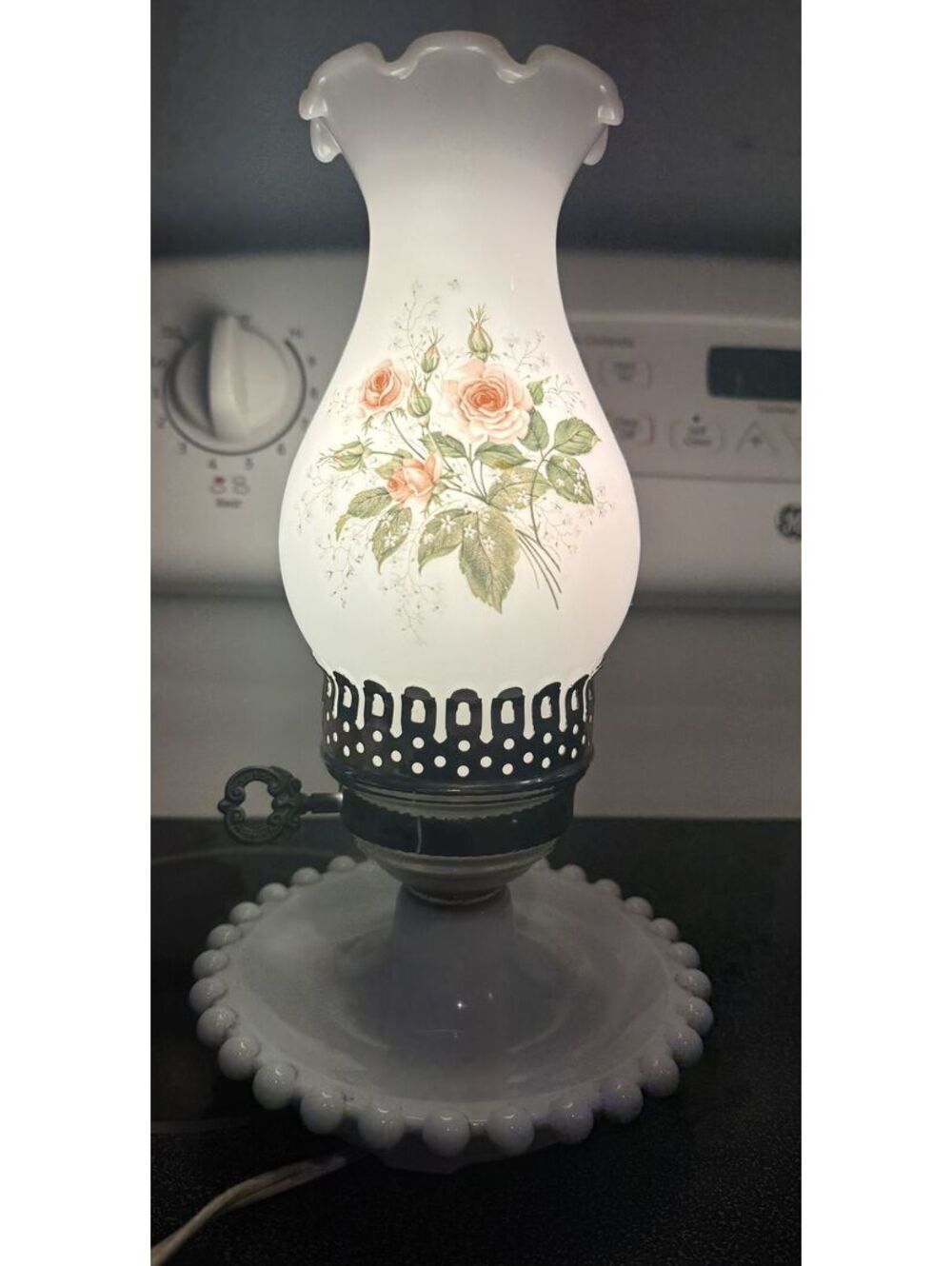 Vintage Electric Milk Glass Table Lamp with Floral Design